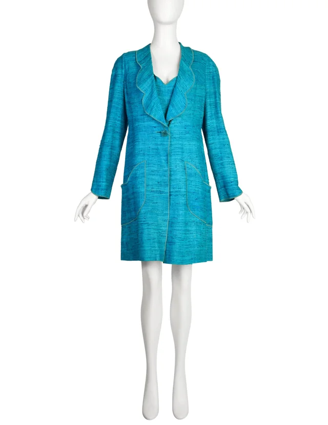 Chloé Vintage SS 1997 by Karl Lagerfeld Turquoise Scalloped Raw Silk Linen Dress & Coat Ensemble Set in Blue Silk from Amarcord Vintage Fashion