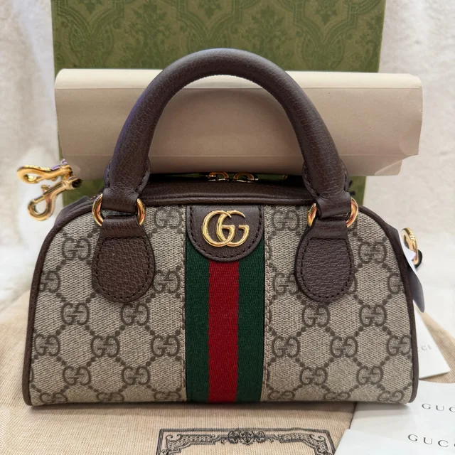 Gucci Beige/Dark Brown GG Monogram Mini Ophidia Top Handle/Bowler Bag (New) in Brown Coated canvas from SparklesnDreams