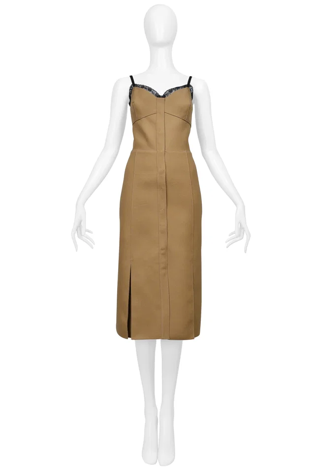 Prada Camel Wool Dress With Snaps And Black Lace in Black Wool from Resurrection Vintage