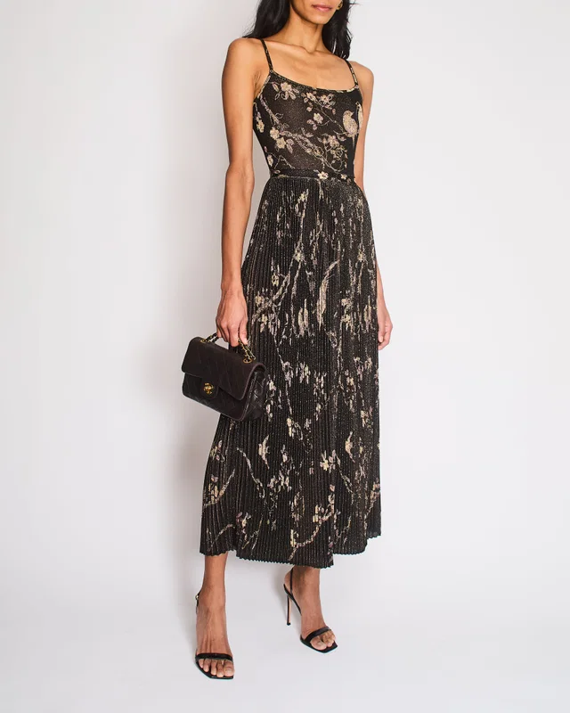 Chanel Pre-Fall 2025 Black Floral Embellished Pleated Strap Dress with CC Logo Detail Size FR 34 (UK 6) in Black from Sellier