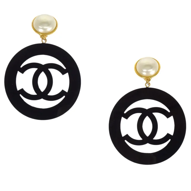 Chanel Hoop CC Dangle Clip-On Earrings Costume Pearl Gold 28 in Gold from AMORE Vintage Tokyo