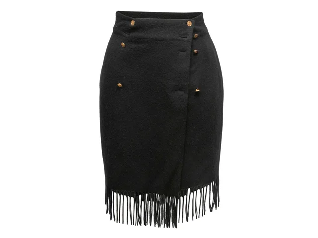 Vintage Black Chanel Fringe-Trimmed Wool Wrap Skirt Size US S from Designer Revival
