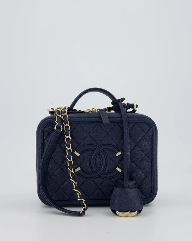 Chanel Navy Caviar Leather Vanity Case Bag with CC Leather Logo Detail in Navy Caviar leather from Sellier