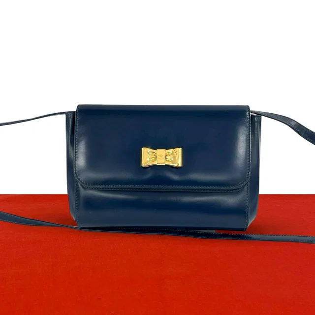 Gucci Ribbon Motif GG Logo Leather Mini Shoulder Bag Pochette Crossbody Navy in Navy Leather from The Reluxe