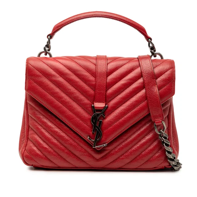 Red Saint Laurent Medium Chevron Sheepskin Monogram College Satchel in Red Leather from Designer Revival