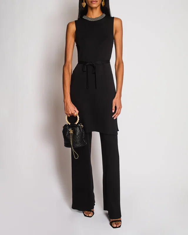Dior Black Sleeveless Top with Embellished Neckline and Matching Trouser Size FR 36/40 (UK 8/12) in Black Silk from Sellier