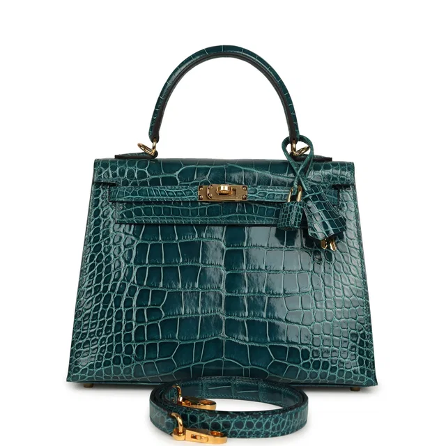 Hermès Kelly Sellier 25 Vert Bosphore Shiny Alligator Gold Hardware in Green Crocodile from Madison Avenue Couture