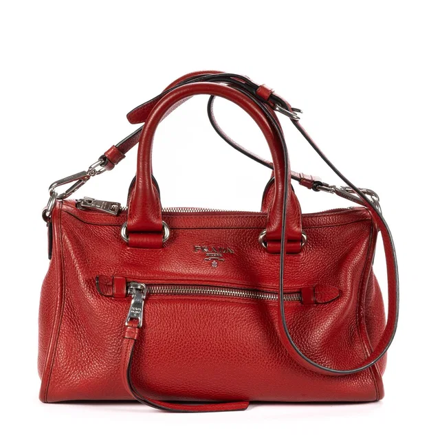 Prada Small Bauletto Boston Red Vitello Phoenix Shoulder Bag in Red from The Reluxe
