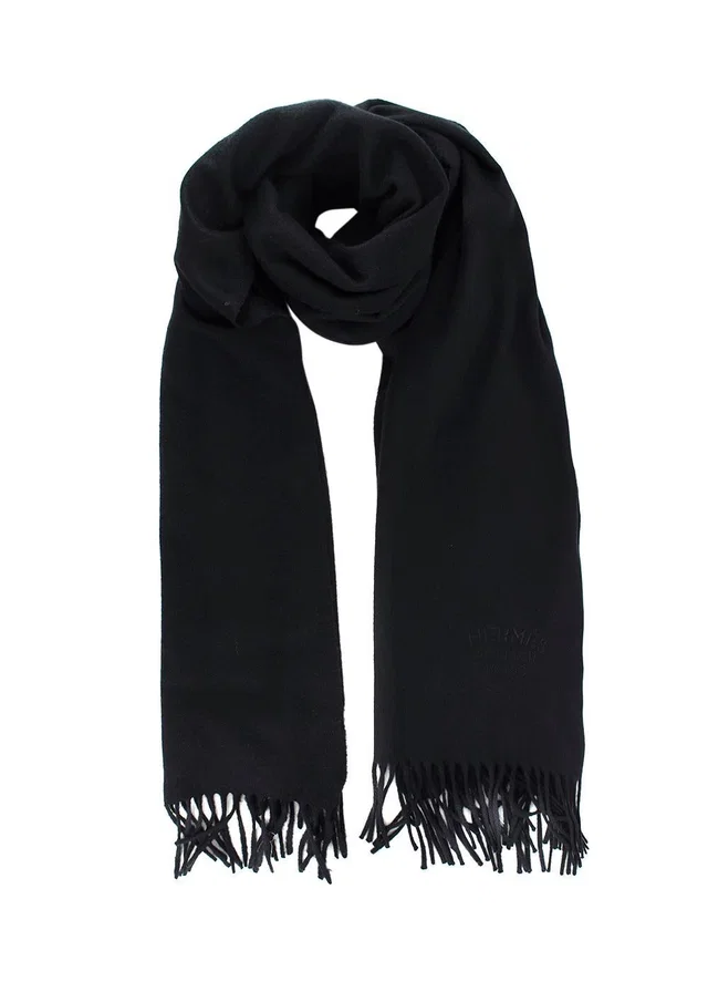 Hermès Black Cashmere Tassel Scarf in Black Cashmere from HEWI
