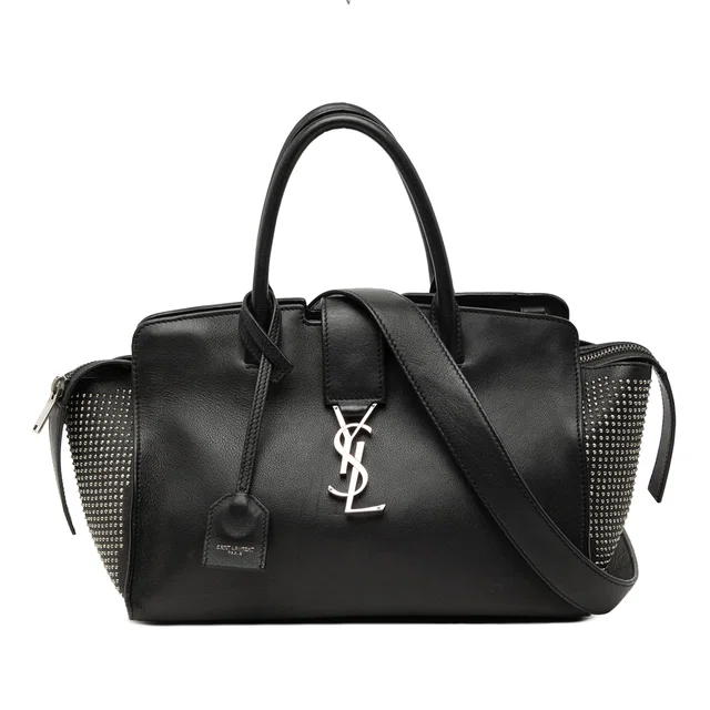 Black Saint Laurent Baby Studded Leather Monogram Downtown Cabas Satchel in Black Leather from Designer Revival