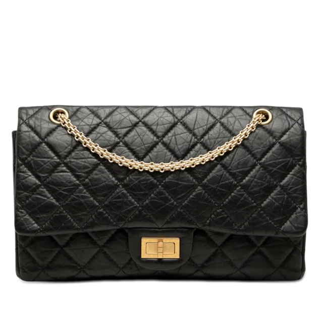 Black Chanel Quilted Aged Calfskin Reissue 2.55 Double Flap 227 Shoulder Bag in Black Calfskin from Designer Revival