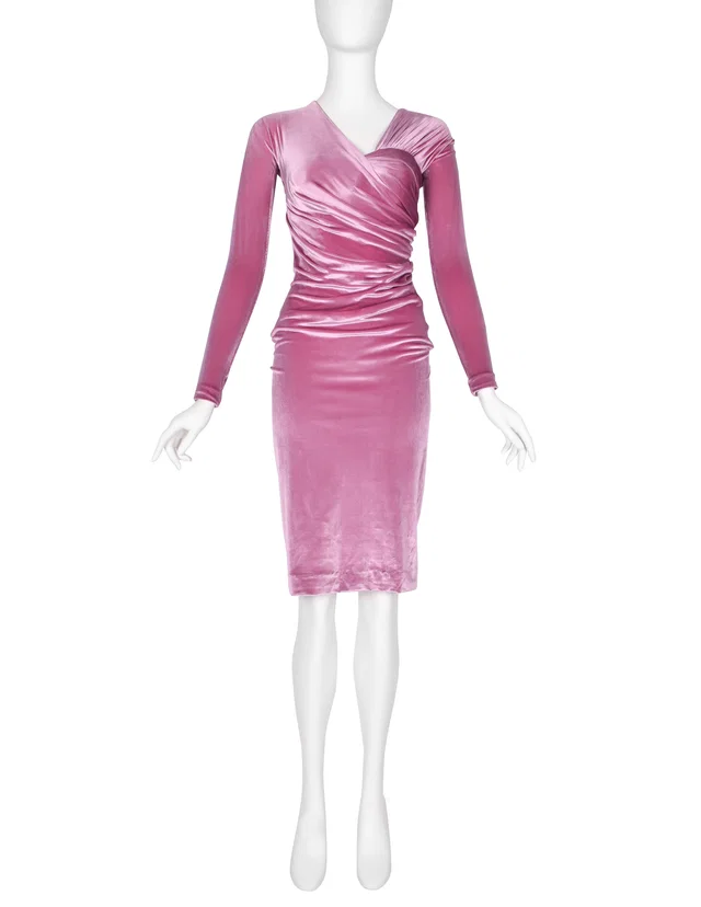 Versace Vintage AW 1995 ICONIC Pink Velvet Ruched Dress in Pink Velvet from Amarcord Vintage Fashion