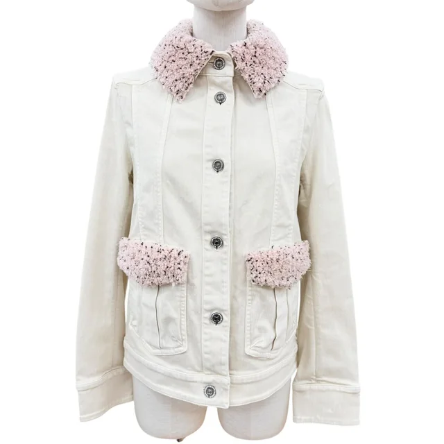 Chanel 16B Stone Mini Coco Buttons Fleece Denim Jacket Ivory 34 in White Denim from The Reluxe