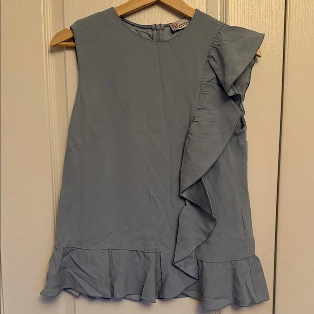 REDValentino Envers Sleeveless Crepe Ruffle Shirt in blue from Poshmark