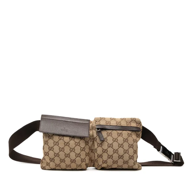 Beige Gucci GG Canvas Double Pocket Belt Bag in Beige Canvas from Designer Revival
