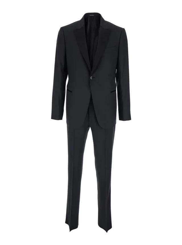 Single-breasted Suit with Peak Revers and Black Satin Details for Men in Black, image 1 of 1 from Gaudenzi Boutique