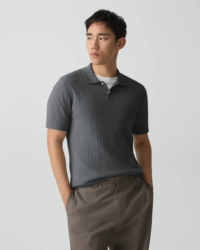 Theory Soris Cable-Knit Polo Shirt in Light Bilen in MEDIUM GREY 62% Viscose, 38% Polyester; Exclusive Of Elastic, photo 2 of 12 from Theory