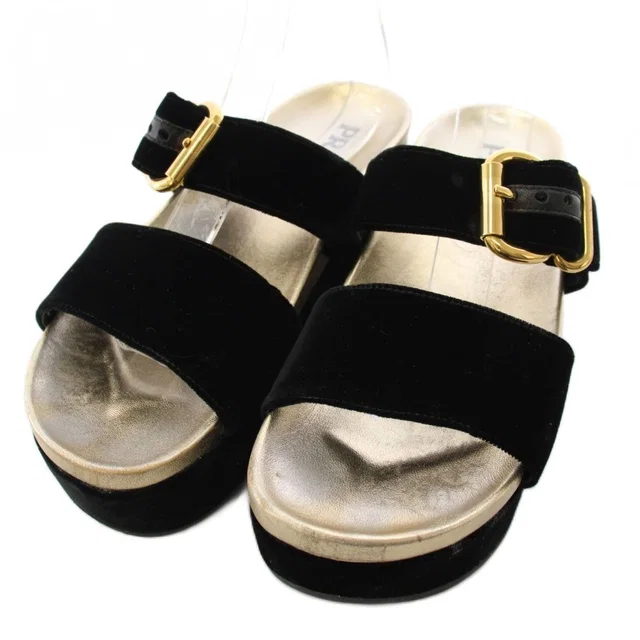 Prada Buckle Sandals Velour Thick Sole Double Strap Black TK 39 in Black Velvet from The Reluxe