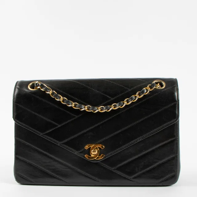Chanel Vintage Black Lambskin Chevron Flap Bag in Black Lambskin from Labellov