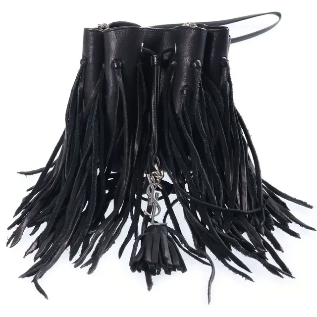 Saint Laurent Fringe Bag Lauren Logo Design Leather Back Black in Black Leather from The Reluxe