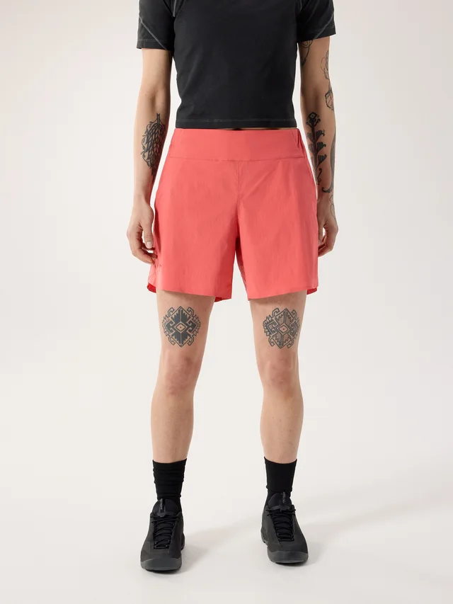 Arc'teryx Silene Short 6" Women's in Red Contrast: Warp knit mesh - 100% Polyester · Body: Nylon/Spandex Plain Weave, FC0 DWR, 112gsm - 93% Nylon, 7% Elastane from…, photo 1 of 1