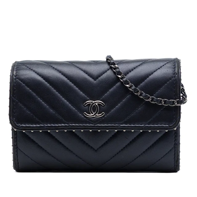 Blue Chanel CC Chevron Lambskin Studded Wallet On Chain Crossbody Bag in Blue Lambskin from Designer Revival