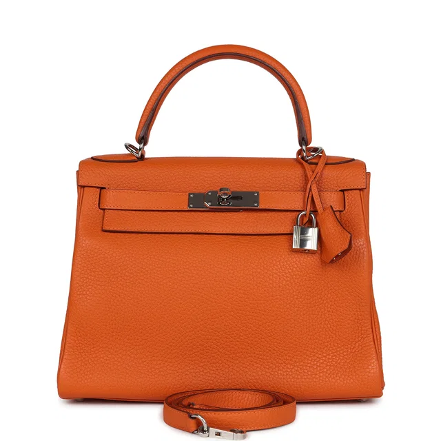 Hermès Special Order (HSS) Kelly Retourne 28 Orange Togo Palladium Hardware in Orange Togo leather from Madison Avenue Couture