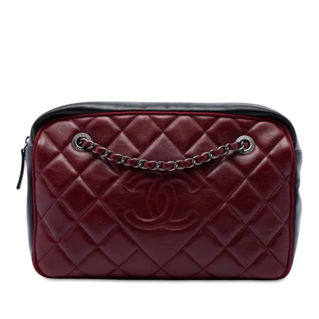 Red Chanel Large Bicolor CC Diamond Quilted Calfskin Ballerine Camera Bag in Red Calfskin from Designer Revival