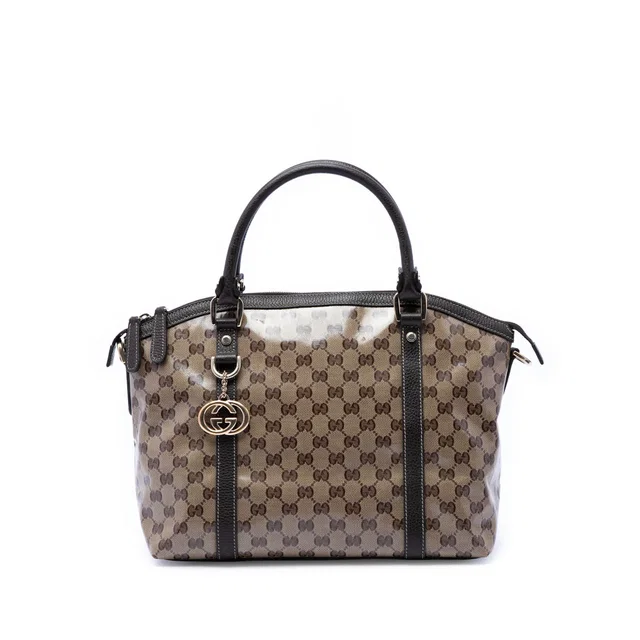 Beige Gucci Medium GG Crystal Charm Dome Satchel in Beige Coated canvas from Designer Revival