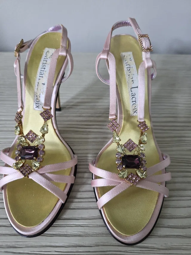Christian Lacroix Pink Jeweled Satin T-Strap Heels in pink|gold Satin from Poshmark