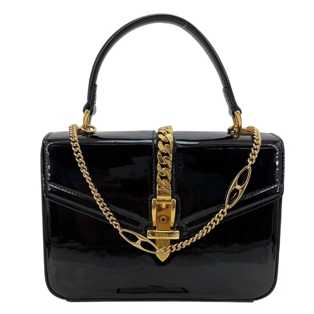 Gucci Sylvie 1969 Mini Patent Leather Top Handle Shoulder Bag Black 589479 in Black Patent leather from Dallas Designer Handbags