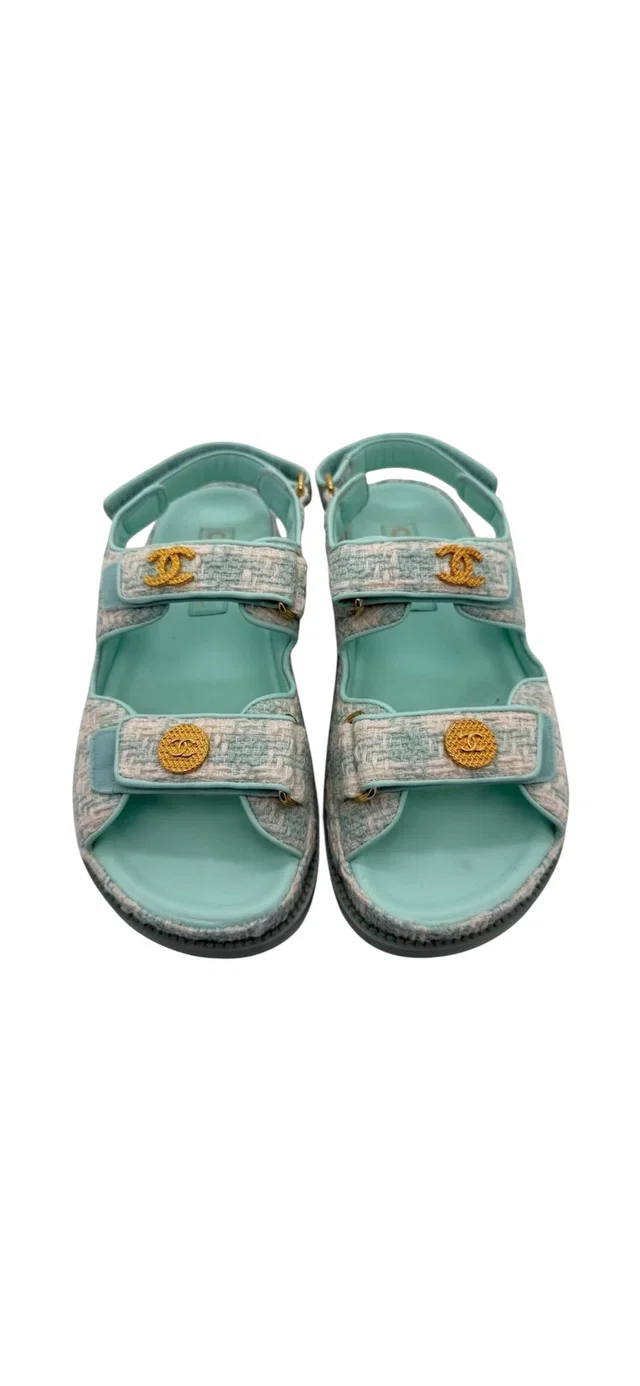 Chanel Tweed Dad Sandals Tiffany Blue Sz37C in Blue Tweed from Luxury Promise