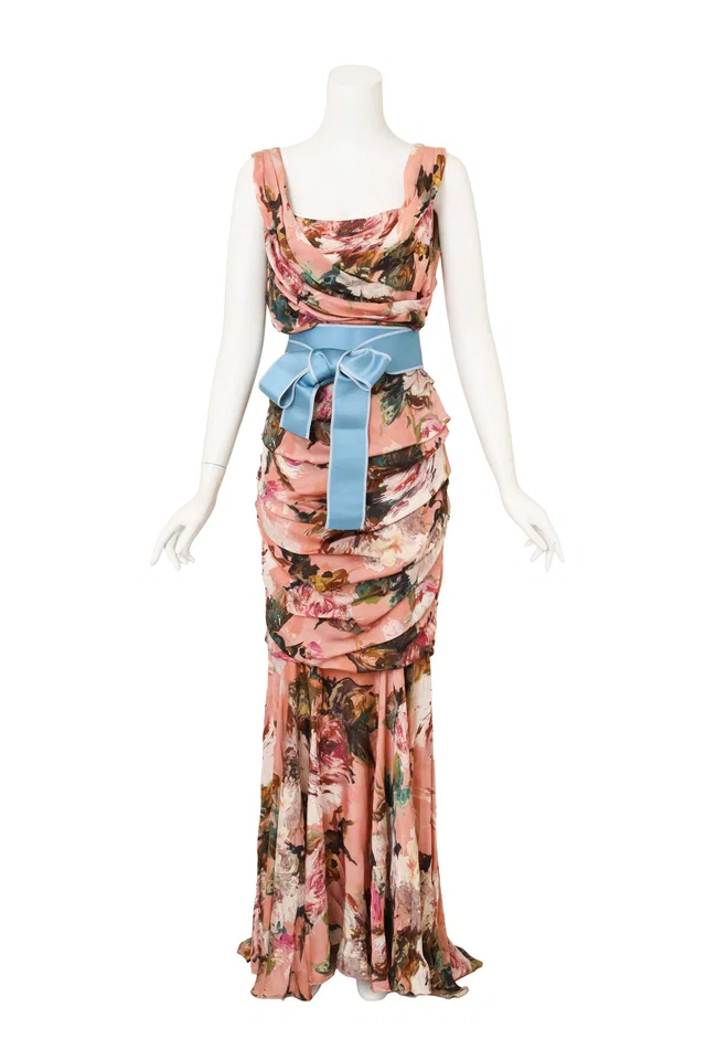 Dolce & Gabbana Floral Ruche Draped Gown in Silk from Recess LA