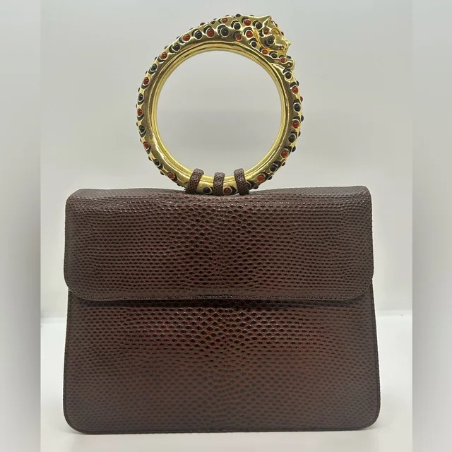 Judith Leiber Brown Lizard Gold Circle Handle Bag in gold|brown|red Lizard from Poshmark, photo 1 of 1