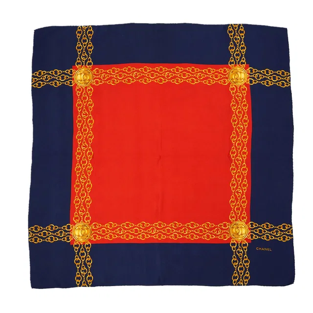 Chanel Vintage Cocomark Chain Pattern Scarf Navy Red Gold Silk in Red Silk from Luxury Promise