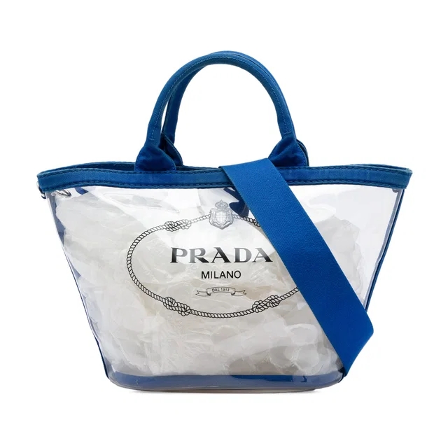 Blue Prada PVC Canapa Logo Tote Satchel in Blue Canvas from Designer Revival