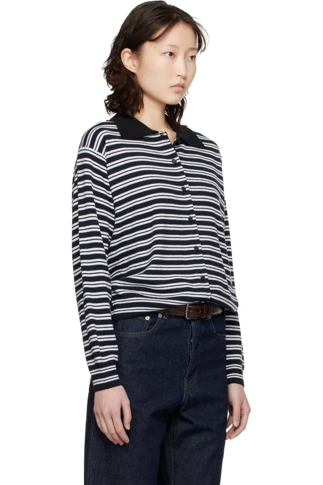 Cordera Black & White Merino Wool Striped Polo Cardigan, photo 2 of 4 from SSENSE