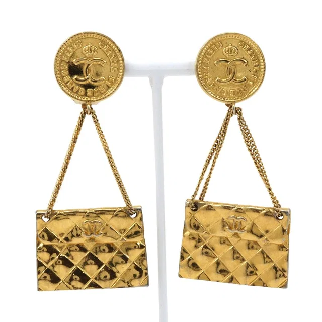 Chanel Bag Motif Quilted CC Logo Vintage Gold Plated 23 Earrings in Gold from The Reluxe