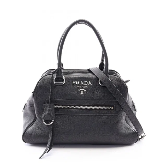 Prada Handbag Logo 2-Way Black Leather Metal in Black Leather from The Reluxe