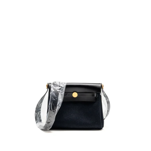Hermès Mini Herbag Canvas / Hunter Leather Black GHW Stamp G in Black Canvas from EMIER