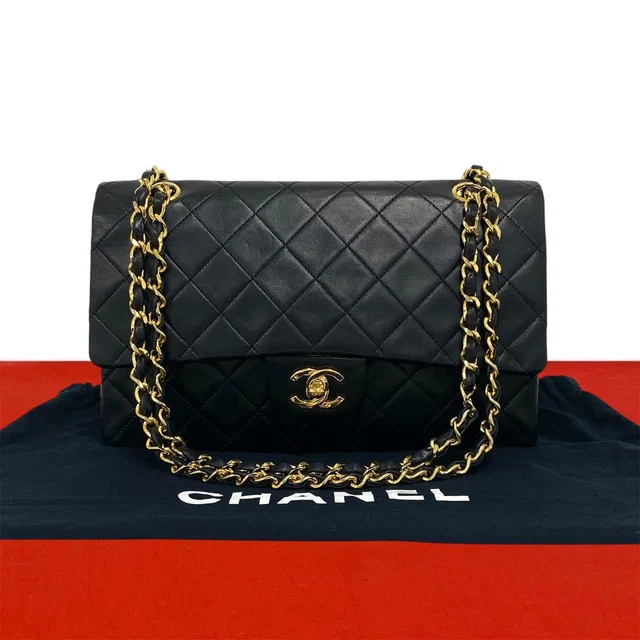 Chanel Vintage Quilted Double Flap Lambskin Chain Shoulder Bag Black in Black Lambskin from The Reluxe