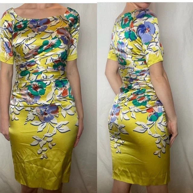 Etro Italy Neon Yellow/Green Floral Silk Short Sleeves Ruched Mini Dress Xs in yellow|green Silk from Poshmark