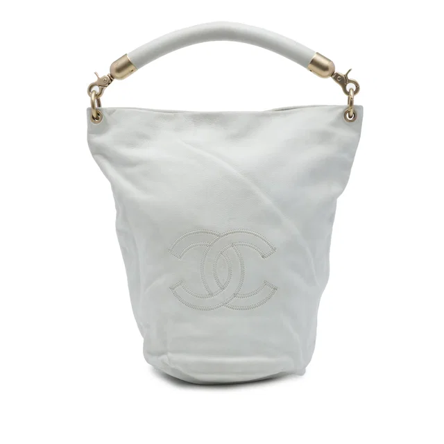 White Chanel CC Calfskin Bucket Bag in White Calfskin from Designer Revival