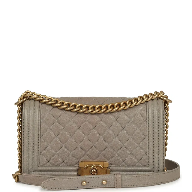 Chanel Medium Boy Bag Grey Caviar Antique Gold Hardware in Grey Caviar leather from Madison Avenue Couture