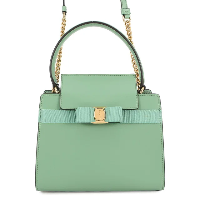 Ferragamo Vala ribbon 2wayChainShoulder Bag Light Green21I282 Leather in Leather from GALLERY RARE