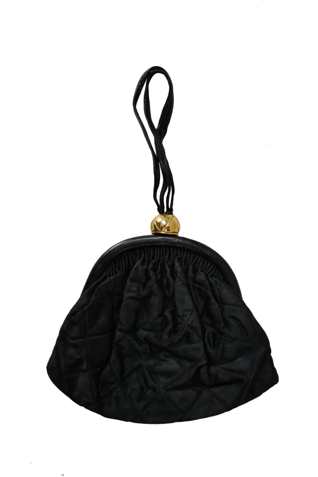 Chanel Wristlet Bag With Leather Interior in Black Satin from Resurrection Vintage