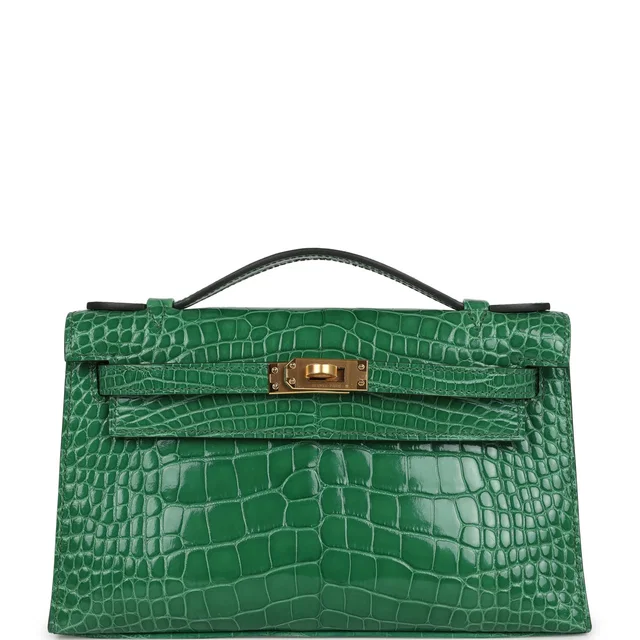 Hermès Kelly Pochette Cactus Shiny Alligator Gold Hardware in Crocodile from Madison Avenue Couture