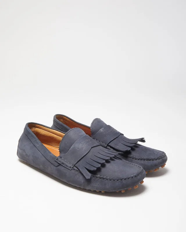 Gucci Navy Leather Fringed Moccasin Driving Loafers - UK10 in Navy Leather from Rokit Vintage