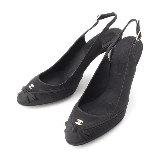 Chanel Satin Slingback CC Logo Rhinestone Mules Black 37C in Black Satin from The Reluxe