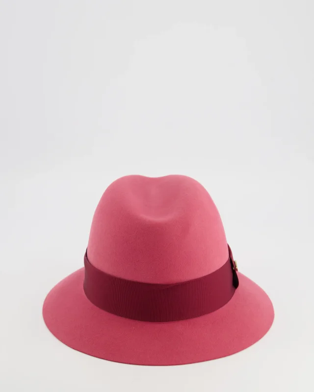 Loro Piana Hot Pink Baby Cashfelt Hat with Burgundy Ribbon and Champagne Gold Logo Detail Size S in Burgundy Cashmere from Sellier, photo 4 of 10